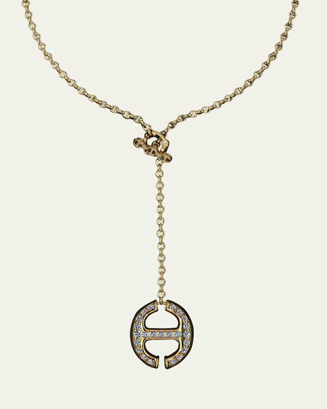 18K Yellow Gold Grand Link Lariat Necklace with White Diamond H Station, 17"L